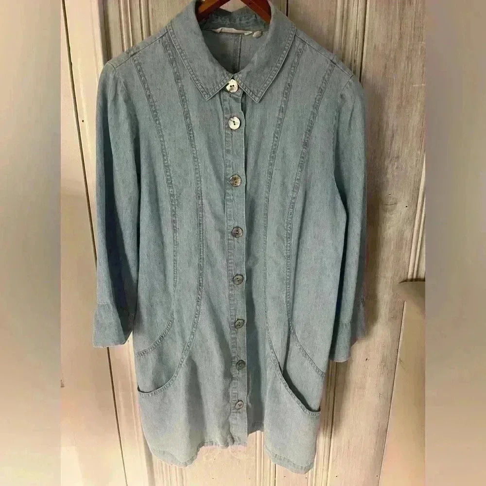 SOFT SURROUNDINGS Linen Cotton Chambray  Button Down Tunic Laggenlook M artsy